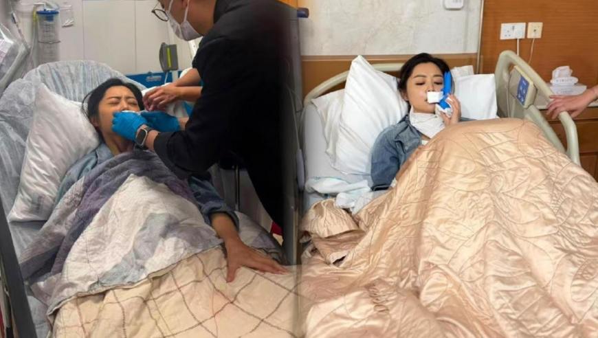 曝知名女星拍戏被玻璃割断血管缝超50针，经纪公司宣布全面停工，本人发文报平安并致歉