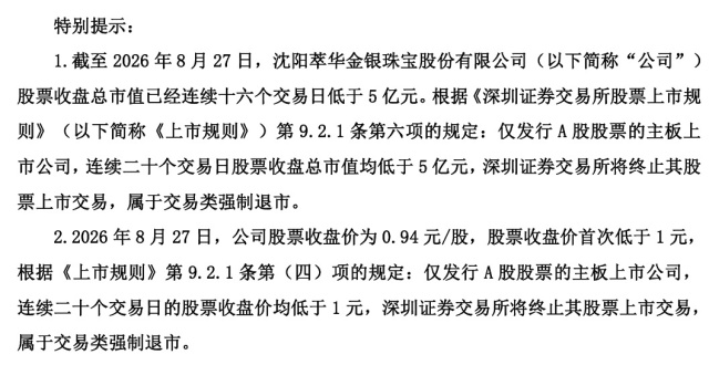 股价0.85元 “中华老字号”锁定退市