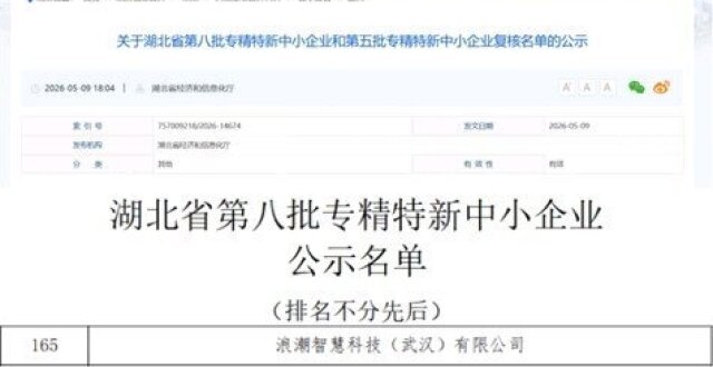 浪潮智慧科技（武汉）有限公司获评湖北省2026年度专精特新中小企业_腾讯新闻