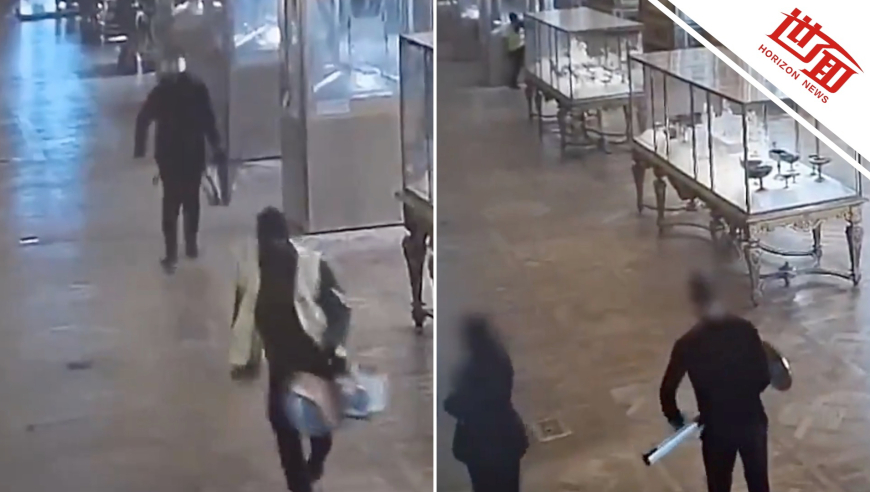 法国卢浮宫劫案最新监控画面：两窃贼重击砸碎展柜保安距离他们仅几米