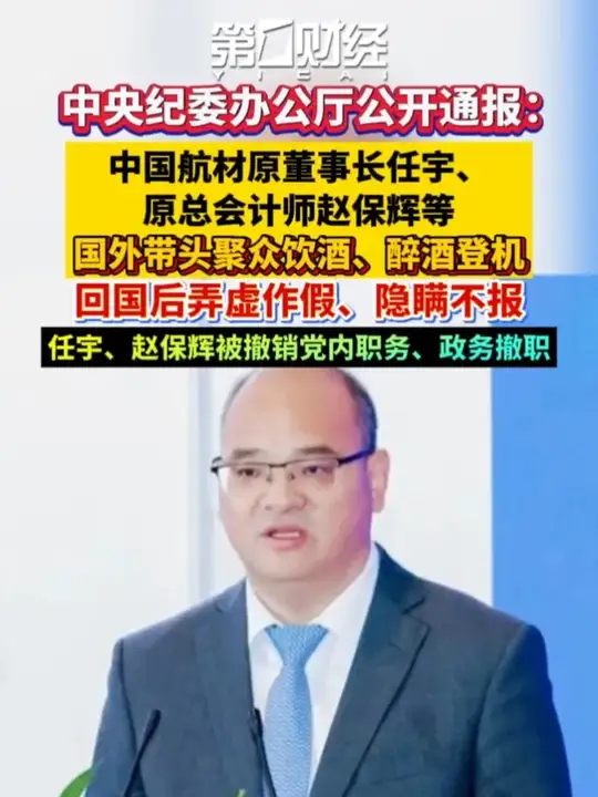 中央纪委办公厅公开通报：中国航材原董事长任宇、原总会计师赵保辉等国外带头聚众饮酒、醉酒登机，回国后弄虚作假、隐瞒不报，任宇、赵保辉被撤销党内职务、政务撤职_腾讯新闻
